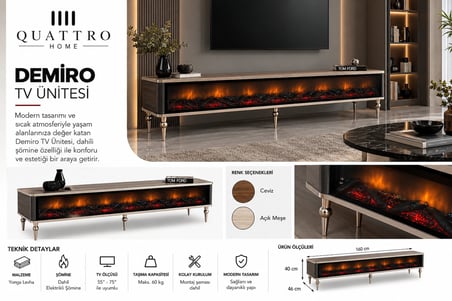 Demiro Elektrikli Şömineli TV Ünitesi 160 cm Açık Meşe Metal Ayaklı Modern TV Sehpası