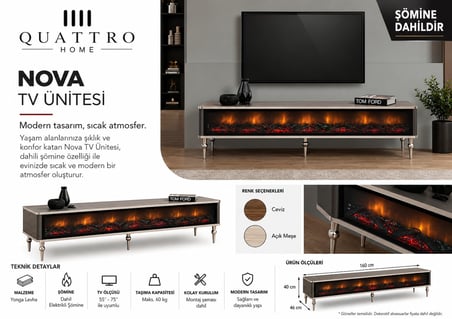 Demiro Elektrikli Şömineli TV Ünitesi 160 cm Açık Meşe Metal Ayaklı Modern TV Sehpası