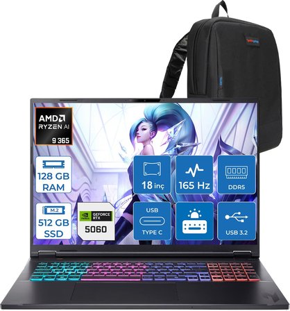 Acer Nitro 18 Aı Amd AN18-AMD Ryzen™ Aı 9 365 128GB Ddr5 512GB SSD 8GB/RTX5060 115W 18" Qhd+ 2560 x 1600 165 Hz IPS  Freedos Gaming Bilgisayar. NHQYHEY001F32+ZETTAÇANTA