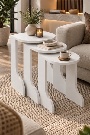 SuloraHome 3'lü Beyaz Zigon Sehpa Seti Yuvarlak Servis Sehpaları