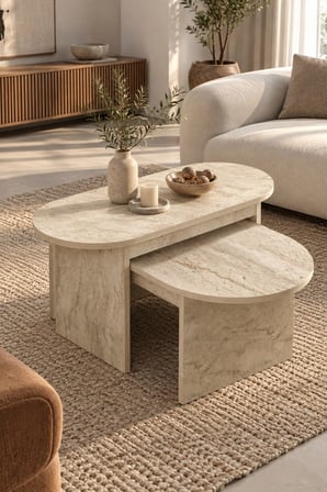 SuloraHome Traverten Desenli Ekru İkili Orta Sehpa Takımı