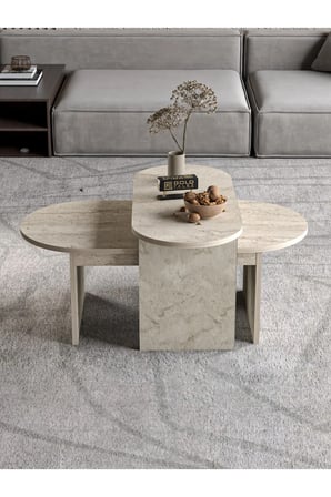 SuloraHome Traverten Desenli Ekru İkili Orta Sehpa Takımı
