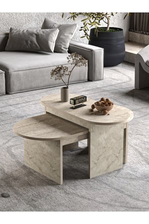 SuloraHome Traverten Desenli Ekru İkili Orta Sehpa Takımı