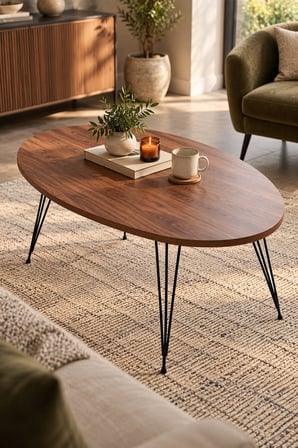 SuloraHome Ceviz Desenli Tel Ayaklı Oval Orta Sehpa