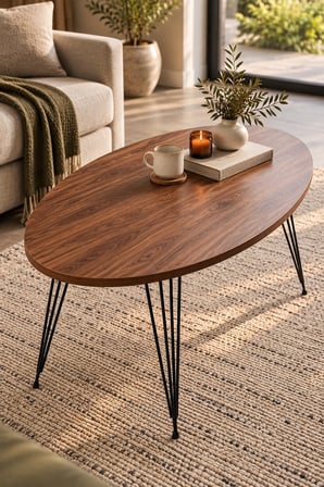 SuloraHome Ceviz Desenli Tel Ayaklı Oval Orta Sehpa