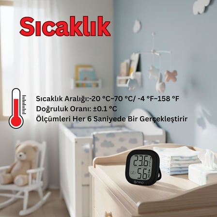 NPT35S Dijital İç Mekan Termometresi ve Nem Ölçer, Renkli Konfor Göstergeli, Siyah