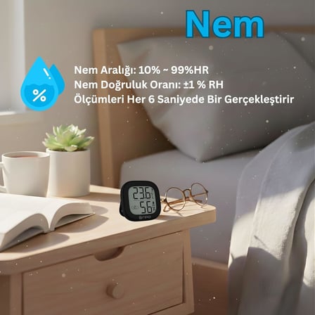 NPT35S Dijital İç Mekan Termometresi ve Nem Ölçer, Renkli Konfor Göstergeli, Siyah