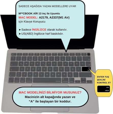 US İngilizce Klavye Koruyucu MacBook Air 13 A2179 A2337 M1 Uyumlu | US ANSI Amerikan Düz Enter | Silikon Keyboard Cover Şeffaf