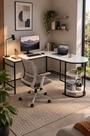 SuloraHome Tipi Köşe Çalışma Masası 2 Raflı Beyaz