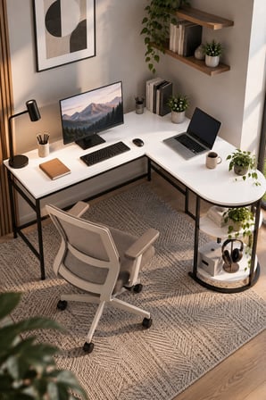 SuloraHome Tipi Köşe Çalışma Masası 2 Raflı Beyaz