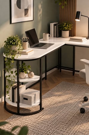 SuloraHome Tipi Köşe Çalışma Masası 2 Raflı Beyaz