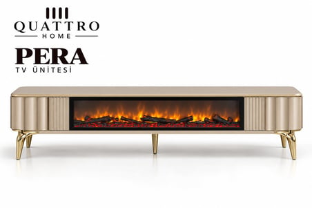 Pera Elektrikli Şömineli TV Ünitesi 160 cm Kumsal Bej Gold Metal Ayaklı Modern TV Sehpası