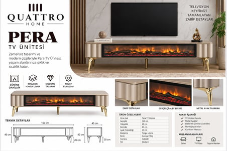 Pera Elektrikli Şömineli TV Ünitesi 160 cm Kumsal Bej Gold Metal Ayaklı Modern TV Sehpası
