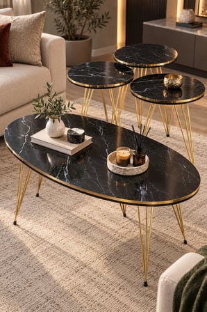 SuloraHome Siyah ve Gold Metal Tel Ayaklı 4'lü Sehpa Seti