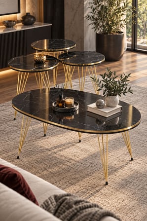 SuloraHome Siyah ve Gold Metal Tel Ayaklı 4'lü Sehpa Seti