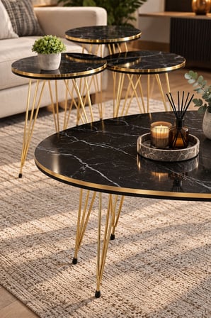 SuloraHome Siyah ve Gold Metal Tel Ayaklı 4'lü Sehpa Seti