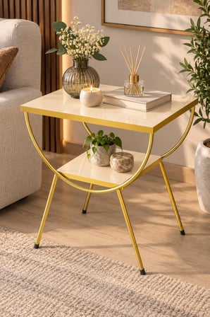 SuloraHome Gold Metal Yan Sehpa Krem Komodin