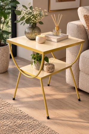 SuloraHome Gold Metal Yan Sehpa Krem Komodin