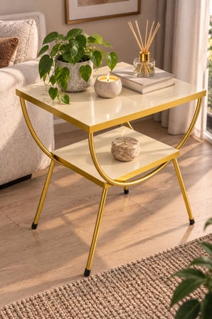 SuloraHome Gold Metal Yan Sehpa Krem Komodin