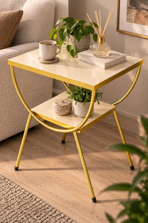 SuloraHome Gold Metal Yan Sehpa Krem Komodin