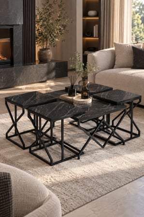 SuloraHome Bendir Siyah 5'li Sehpa Seti Mermer Görünümlü ve Metal Ayaklı