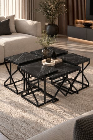 SuloraHome Bendir Siyah 5'li Sehpa Seti Mermer Görünümlü ve Metal Ayaklı