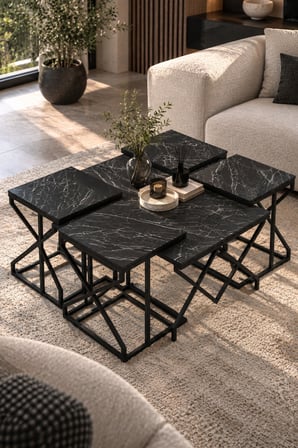 SuloraHome Bendir Siyah 5'li Sehpa Seti Mermer Görünümlü ve Metal Ayaklı