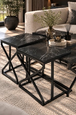 SuloraHome Bendir Siyah 5'li Sehpa Seti Mermer Görünümlü ve Metal Ayaklı