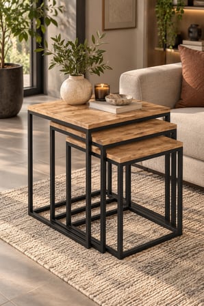 SuloraHome 3'lü Kare Zigon Sehpa Seti Kahverengi Atlantik Çam Desenli