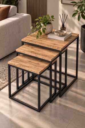 SuloraHome 3'lü Kare Zigon Sehpa Seti Kahverengi Atlantik Çam Desenli