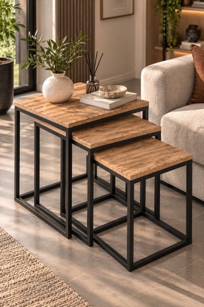 SuloraHome 3'lü Kare Zigon Sehpa Seti Kahverengi Atlantik Çam Desenli