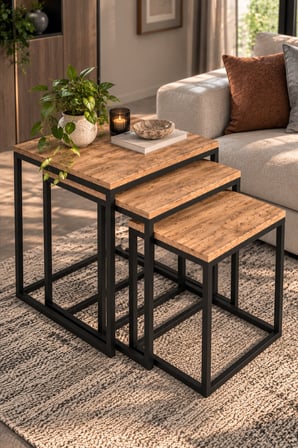 SuloraHome 3'lü Kare Zigon Sehpa Seti Kahverengi Atlantik Çam Desenli