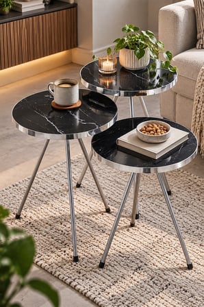 SuloraHome Gümüş Metal Ayaklı Siyah Mermer Desenli 3'lü Zigon Sehpa Takımı