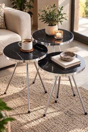 SuloraHome Gümüş Metal Ayaklı Siyah Mermer Desenli 3'lü Zigon Sehpa Takımı