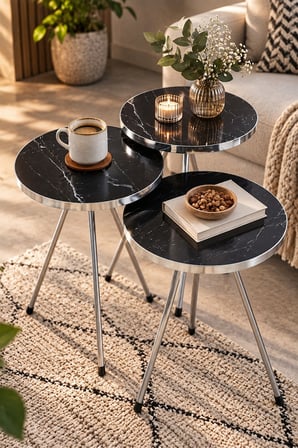 SuloraHome Gümüş Metal Ayaklı Siyah Mermer Desenli 3'lü Zigon Sehpa Takımı