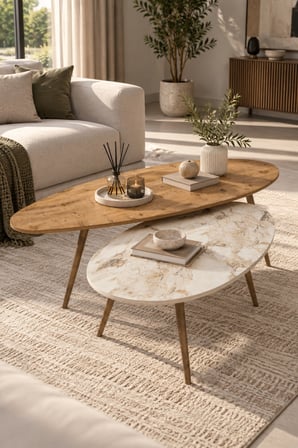 SuloraHome Elips Orta Sehpa Seti Ceviz ve Ekru Renkli 2'li Takım
