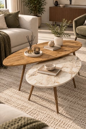 SuloraHome Elips Orta Sehpa Seti Ceviz ve Ekru Renkli 2'li Takım