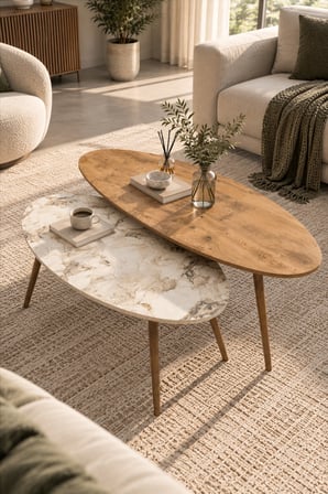 SuloraHome Elips Orta Sehpa Seti Ceviz ve Ekru Renkli 2'li Takım
