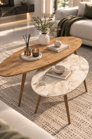 SuloraHome Elips Orta Sehpa Seti Ceviz ve Ekru Renkli 2'li Takım