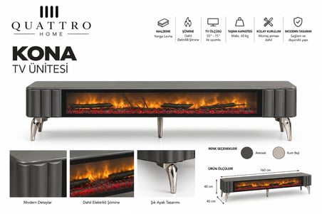 Kona Elektrikli Şömineli TV Ünitesi 160 cm Antrasit Krom Ayaklı Modern TV Sehpası