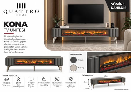 Kona Elektrikli Şömineli TV Ünitesi 160 cm Antrasit Krom Ayaklı Modern TV Sehpası