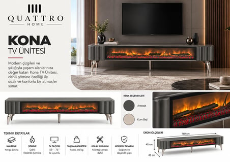 Kona Elektrikli Şömineli TV Ünitesi 160 cm Antrasit Krom Ayaklı Modern TV Sehpası