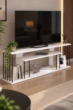 SuloraHome Beyaz TV Ünitesi 140 cm Raflı Metal Detaylı Tasarım