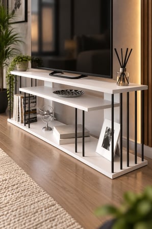 SuloraHome Beyaz TV Ünitesi 140 cm Raflı Metal Detaylı Tasarım