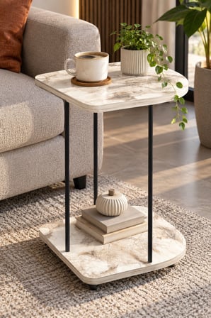 SuloraHome Tekerlekli Oval Servis Sehpası Mermer Desenli Beyaz