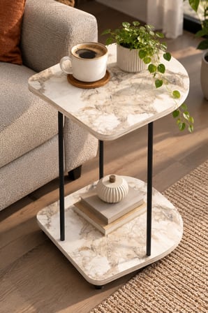 SuloraHome Tekerlekli Oval Servis Sehpası Mermer Desenli Beyaz