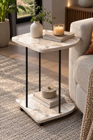 SuloraHome Tekerlekli Oval Servis Sehpası Mermer Desenli Beyaz