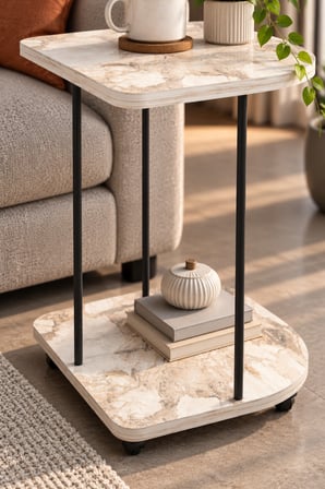 SuloraHome Tekerlekli Oval Servis Sehpası Mermer Desenli Beyaz