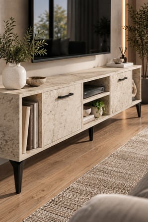 SuloraHome Ekru Traverten Desenli Suntalam TV Sehpası 160x35 cm