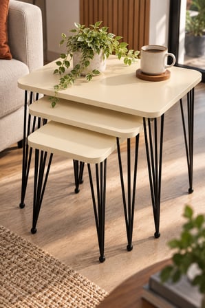 SuloraHome Metal Tel Ayaklı 3'lü Zigon Sehpa Takımı Krem Bej